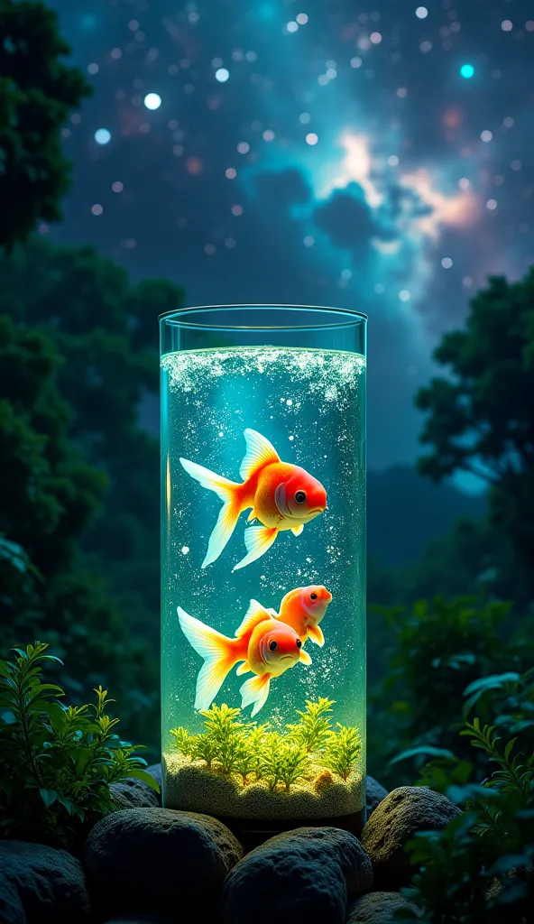 "Create a 4K high-resolution image of a bioluminescent jungle planet, under a cosmic sky filled with distant galaxies and radiant nebulae. In the foreground, place a cylindrical glowing aquarium with three radiant goldfish swimming inside. The goldfish glo...