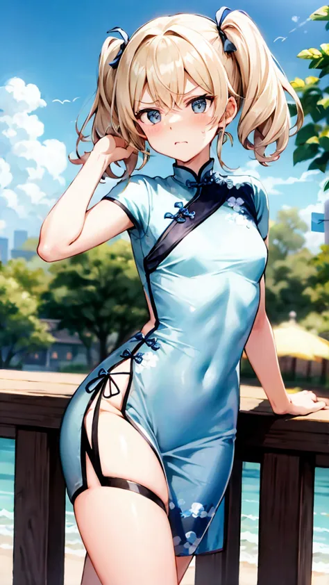 {China dress in the park during the daytime},{Qipao},{{{masterpiece}}},{{{best quality}}}, {{Very Detailed}},{{Extremely Delicate and Beautiful}},{{{Big Faced Blonde}}},{{{twin tails}}},{{small breasts}},{{  troubled face}},{embarrassed face},