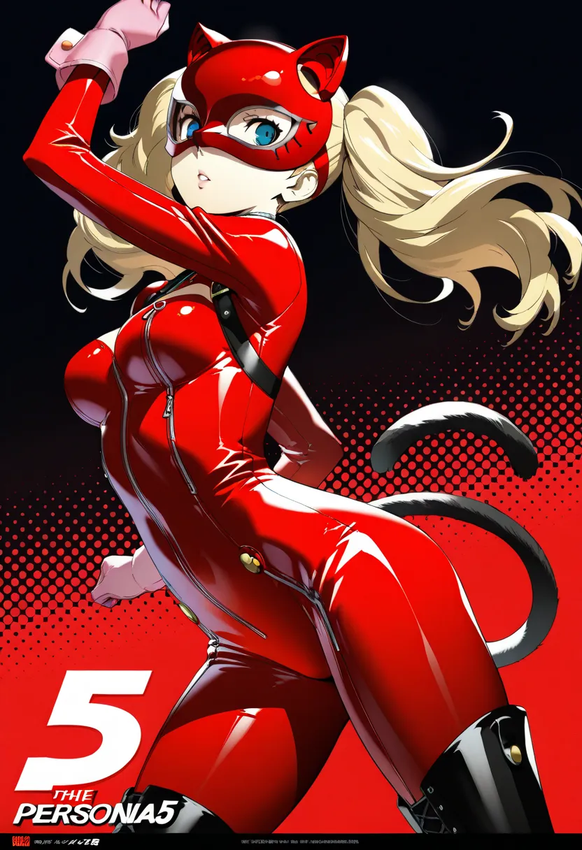 (masterpiece, best quality),source_anime,pop design,game magazine illustration,Detailed illustration of girl, in a highly stylized game character design.Panther from "Persona5",detailed face,She has long blonde hair tied back in twin tails, blue eyes, and ...