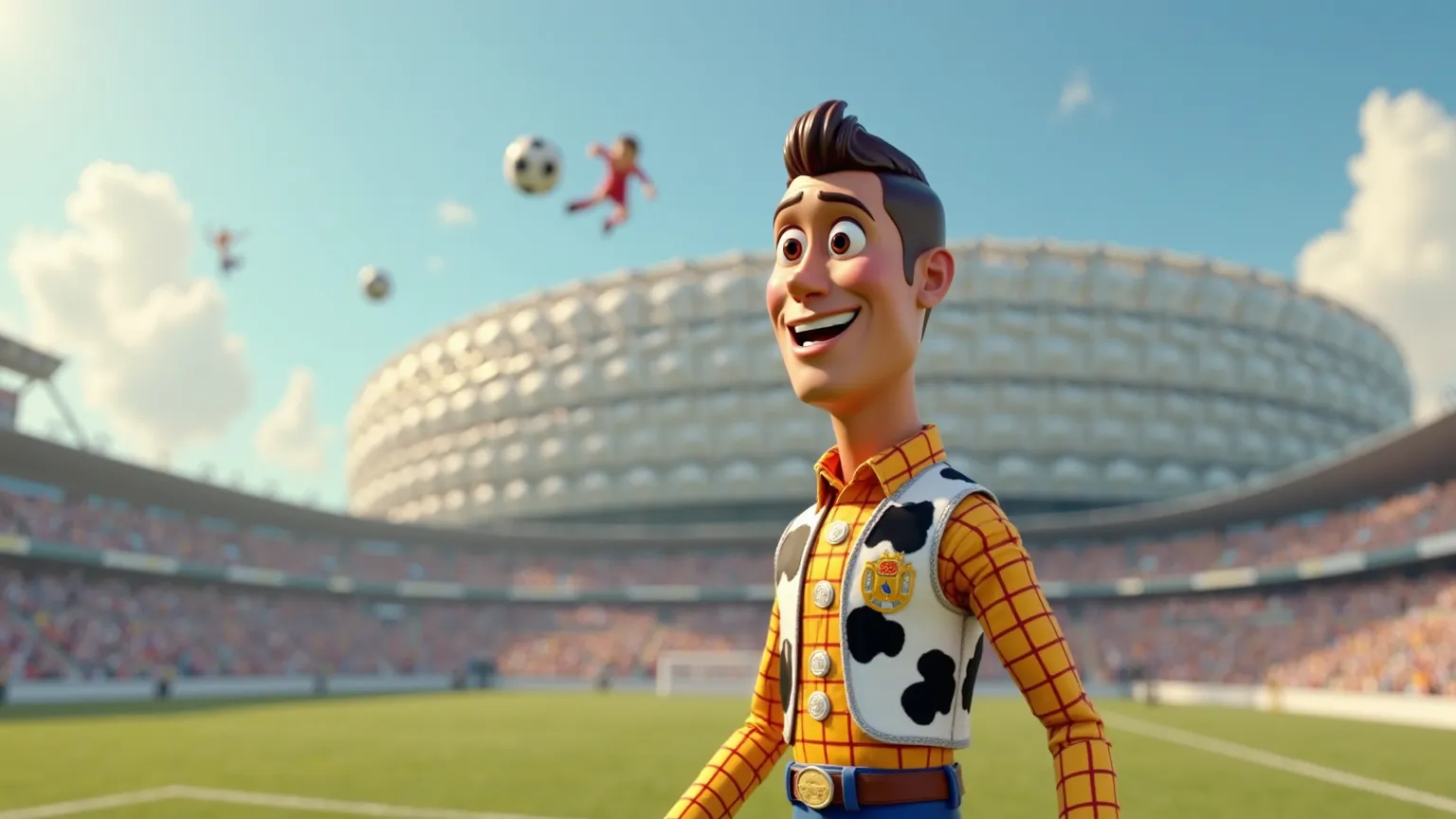 "Cristiano Ronaldo in Toy Story style walking outside the Real Madrid stadium, turning his head slightly with a confident smile. in the sky, you can see iconic images of soccer floating, symbolizing the unforgettable stories of the sport."

