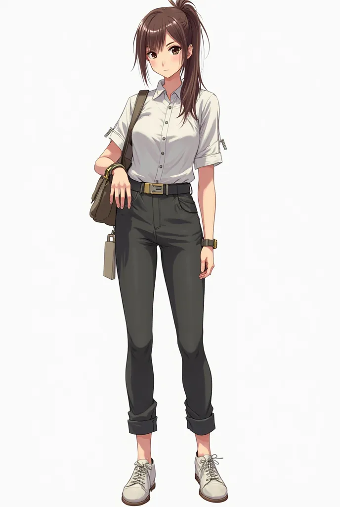 Character design,
24-year-old female,
casual clothes,
(business casual:0.7),
(mountain climbing clothes:0.5),
Tied up brown hair,
Persona 4 style,
feminine physiognomy,
(full-body composition:1.5),
white background,
white shoes,
