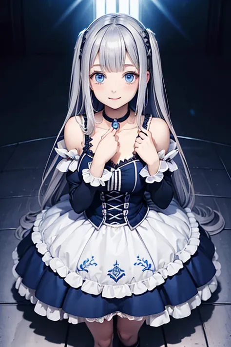  Cute Magical Girl , (double bang,  Brant Bang,  Silver Straight Long Hair ), smile, compensate, blue eyes, Large percentage, white gothic bear top dress , choker,  Two Hands Overhead , Background dim basement, (super precise, Absolute Determination, best ...