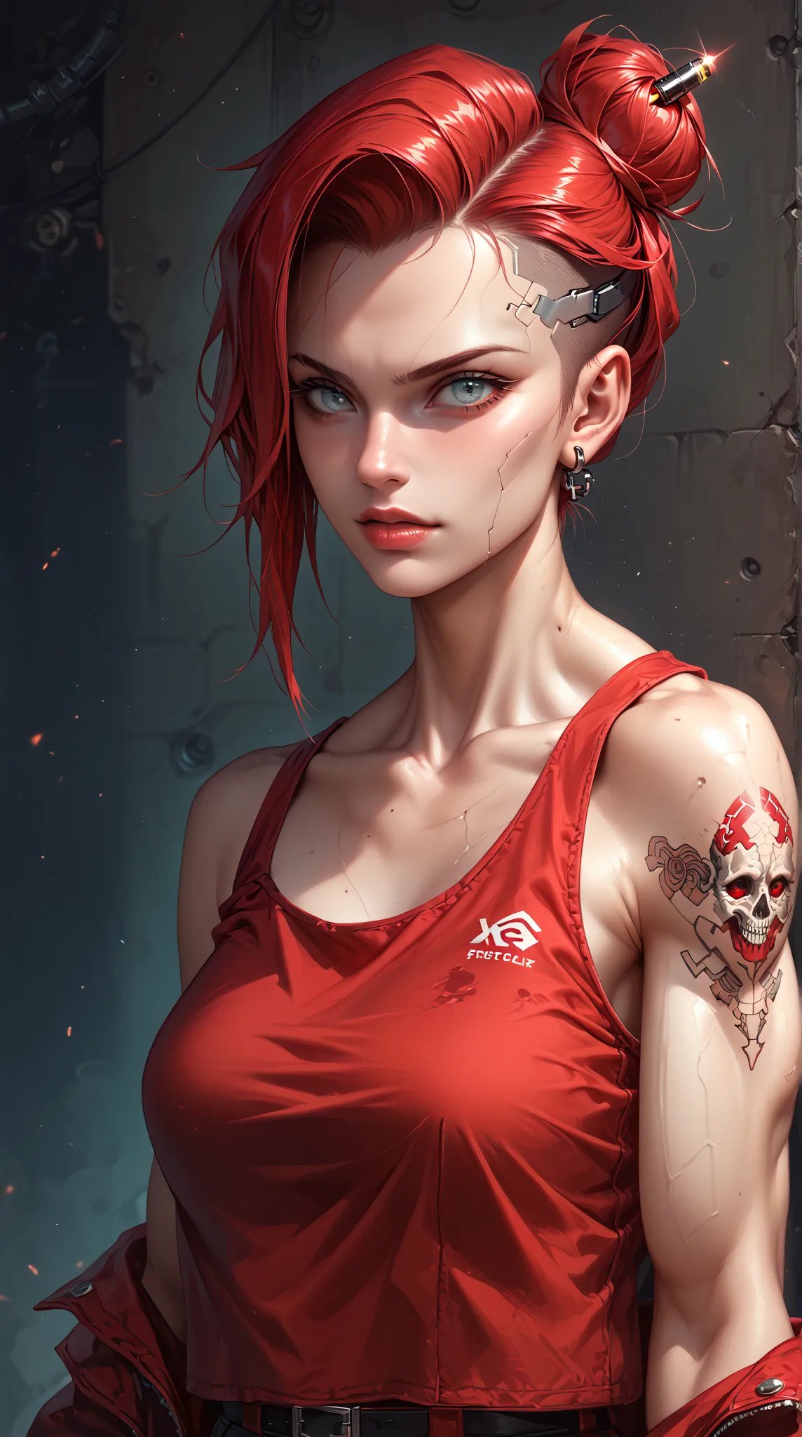  a highly detailed digital illustration ， recounts a stunning cyberpunk female's ribs and clavicles Neon ，  skin is porcelain skin  ， thin and muscular ，And a ferocious ， confident e[xpression 。 Her long red hair tied into a high messy bun， loose band form...