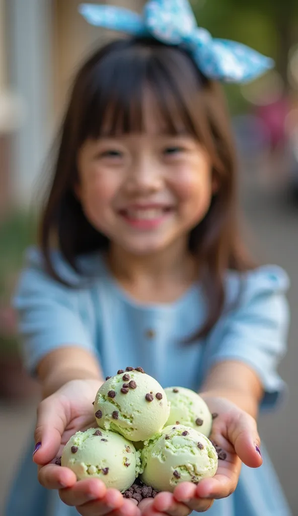 A small smiling woman wearing a straight hair blue dress wears a butterfly ribbon while exposing several scoops of green and cream ice cream cookies with a sprinkling of choco chips in her open palm. Ice cream begins to melt in her open palm. Background a ...