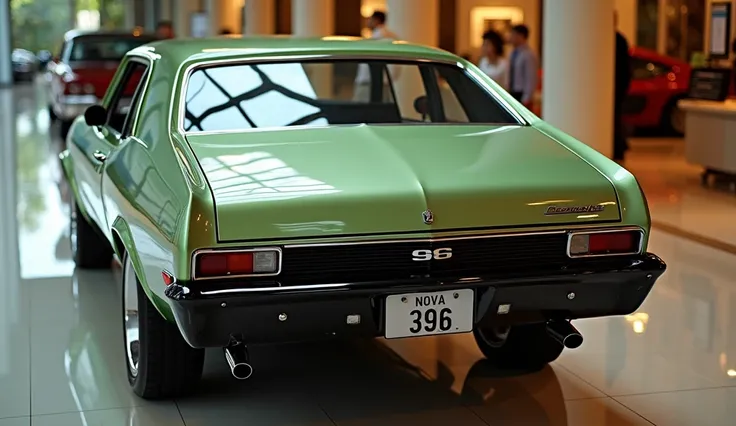 rear view of painted light green with shiny clour 1969 Chevrolet Nova 396 sleek in large shape sedan in large size with Chevrolet logo on its large detailed grille in shiny green clour with angular sporty design captured from close rear view with modified ...