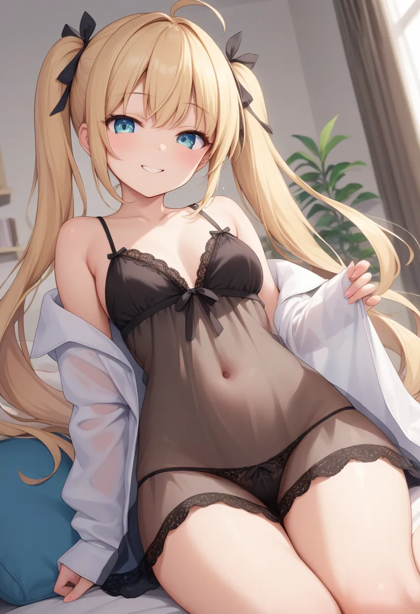 girl, see-through negligee,twintail,smile