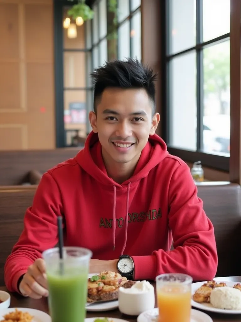 The picture shows a handsome young Indonesian man with very short spiky hair sitting in a restaurant at a table filled with various dishes and drinks. He was wearing a red hoodie inscribed " ANTO ORSHIDA "  with a watch on his left wrist. His right hand wa...