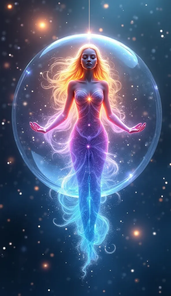  Detailed depiction of a swirling rainbow glass goddess swirling in a limpid bubble, 
containing a swirling prana galaxy, blisful face, intense prana energies discharges background, ultra-high definition, Unreal Engine, Octane Render