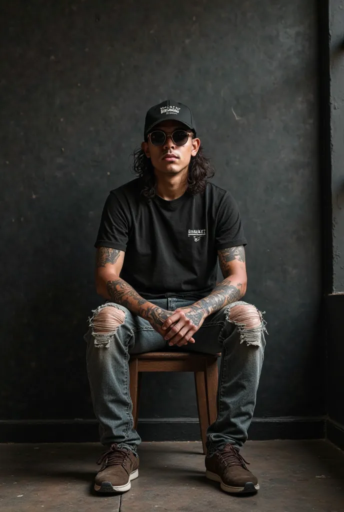 A black wall that says CIRENDANG 21 STREET A young Indonesian man in 40 years old sunglasses softball hat and hands tattooed hands T-shirt distro jeans ripped off semi-long hair in shoes , sitting on high bench chair with serious staring atmosphere realist...