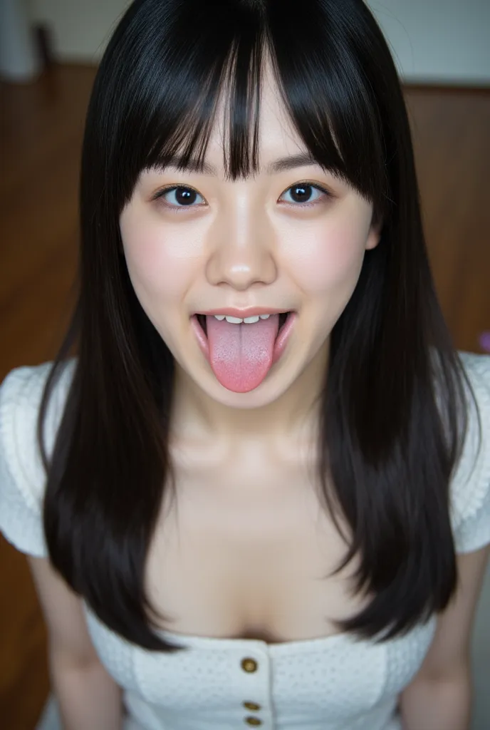 girls,    black hair,  Long Hair ,  open your mouth  wide and stick your tongue out, Accurate eye expressions, Correct tongue expression, sticking out her tongue, Accurate facial expression, masterpiece,  Ultra High Resolution , very well detailed, details...