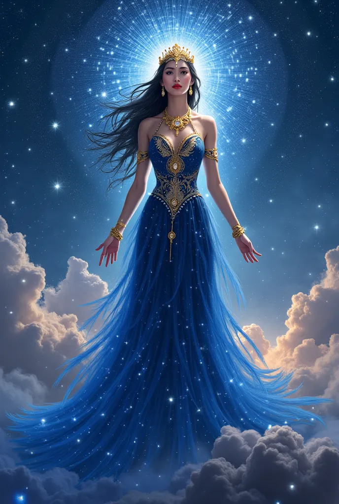 Tala goddess of stars (gold jewelry, glowing appearance, dark blue gown that sparkles, ancient filipino style) 