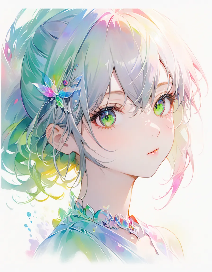  ultra-fine in 8Kレンダリングスタイル,girl、Shine, surreal watercolor,Shine瞳,Rainbow、profile、face up、has a white background、 Silver Hair、The neckline is green、side hair is green、medium hair、big eyes、long eyelashes、eyeshadow、pink cheeks、Clear and beautiful skin、beauti...