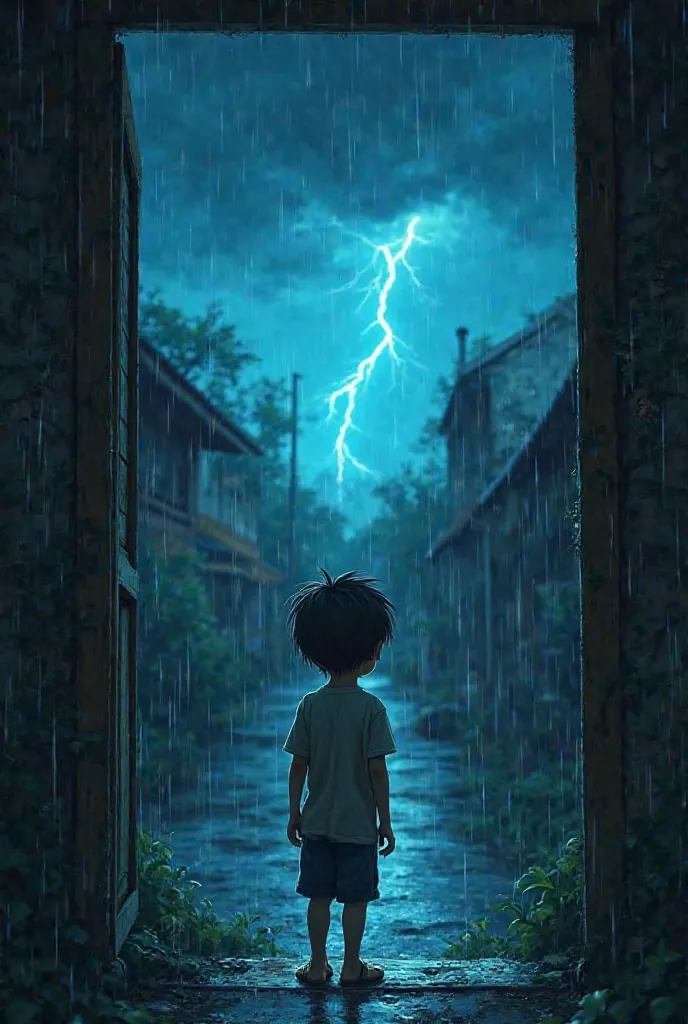 A small five-year-old boy with short black hair stands at the doorstep of a tiny house, staring at the dark sky. A terrifying storm rages, with heavy rain pouring down and strong winds shaking the trees. Lightning flashes in the sky, casting a blue glow ov...