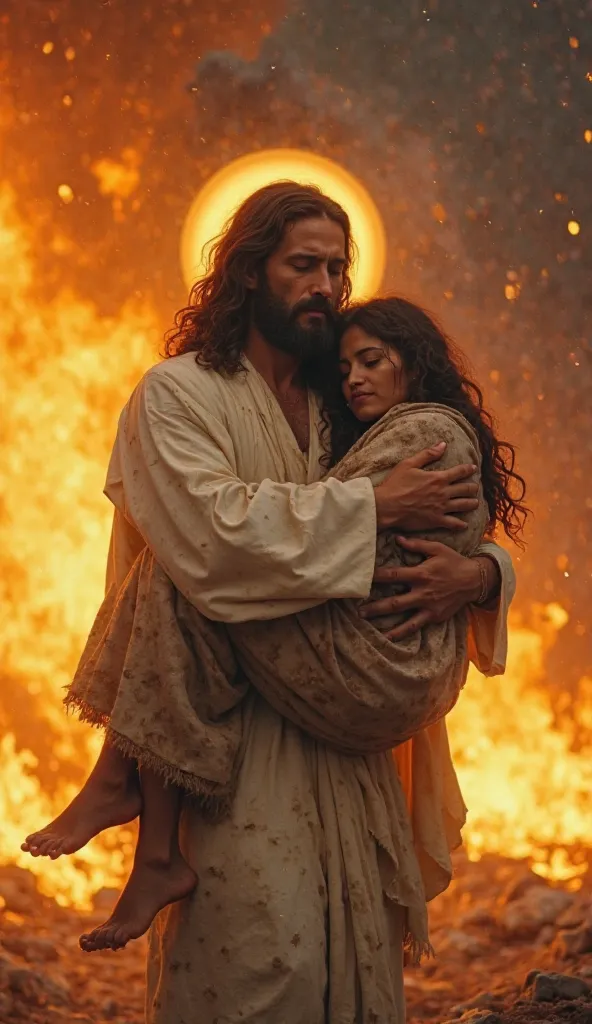 "Jesus Christ carrying an unconscious woman in his arms, saving her from a raging fire. Intense flames consume the building in the background, with thick smoke rising into the sky. Jesus wears a white robe slightly scorched by the embers, but his expressio...