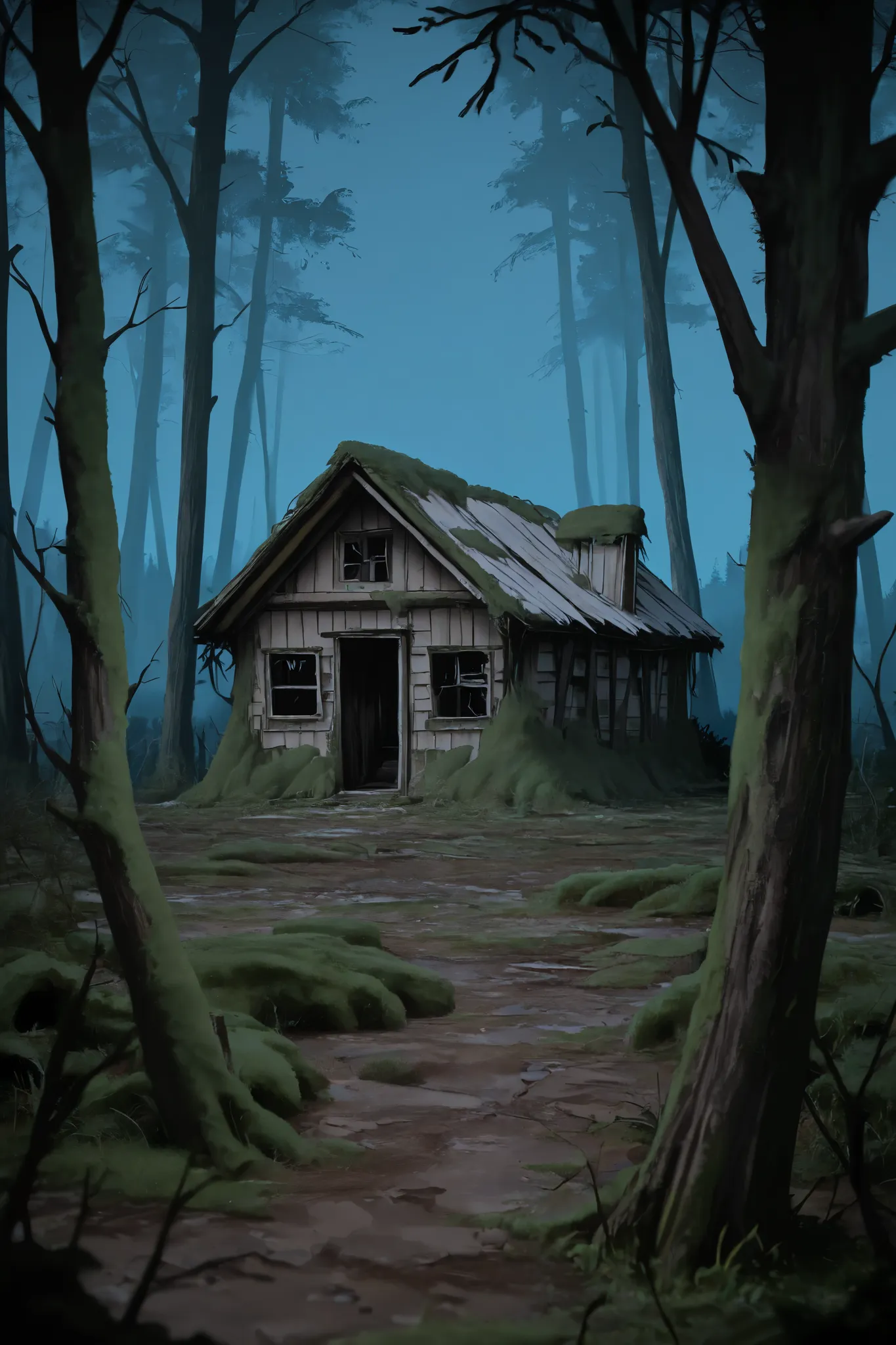 Eerie shot of a (Wooden, old, abandoned two-story cabin/chalet) in a thick forest, between many trees, at night, darkness, moss. creepy, unnerving, unsettling, Best quality, masterpiece, ultra high res. 