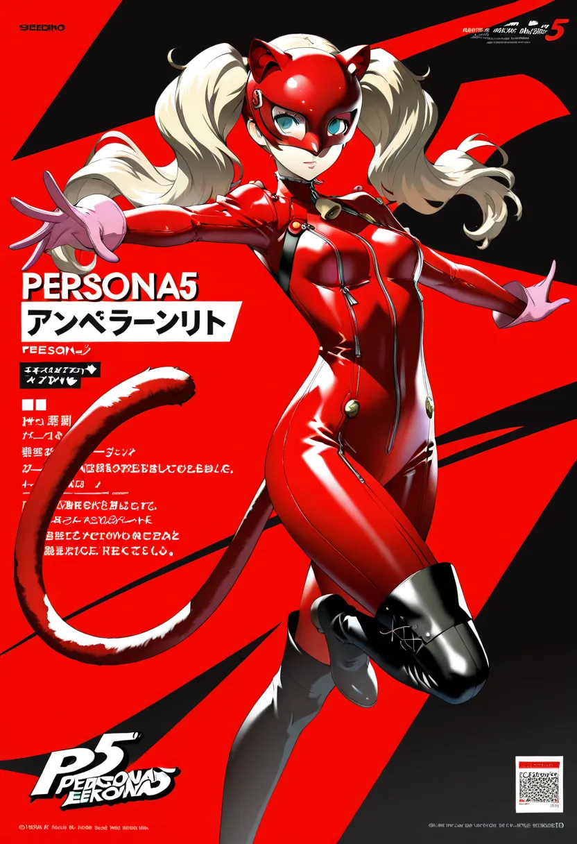 (masterpiece, best quality),source_anime,pop design,game magazine illustration,Detailed illustration of girl, in a highly stylized game character design.Panther from "Persona5",detailed face,She has long blonde hair tied back in twin tails, blue eyes, and ...