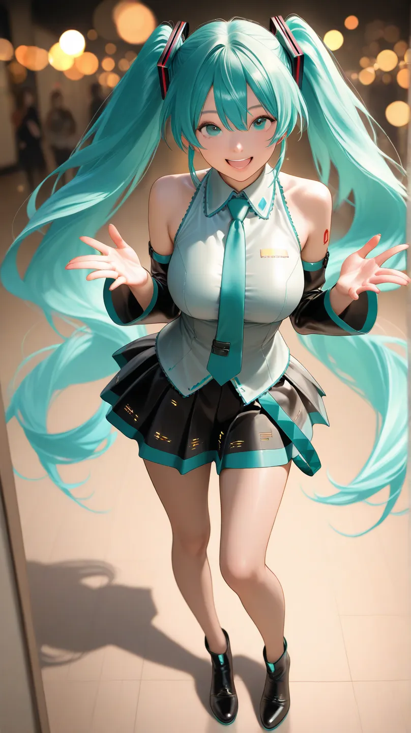 Ultra HD、Like the Picture精密さ、realistic texture、perfect detail、solo、Big Breasts、Beautiful Hatsune Miku 、 in a miniskirt、 making hearts with hands 、Smiling face、angle looking up from below、full body、high resolution、Masterpiece、extreme detailed depiction、prof...