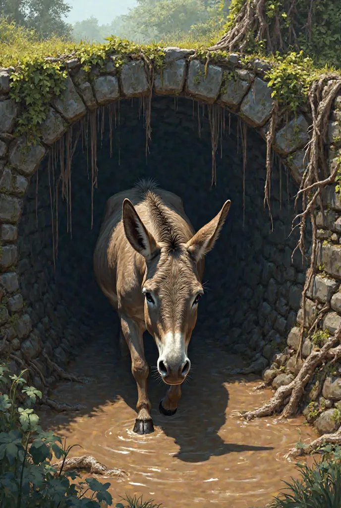 A donkey fell down on a muddy well 