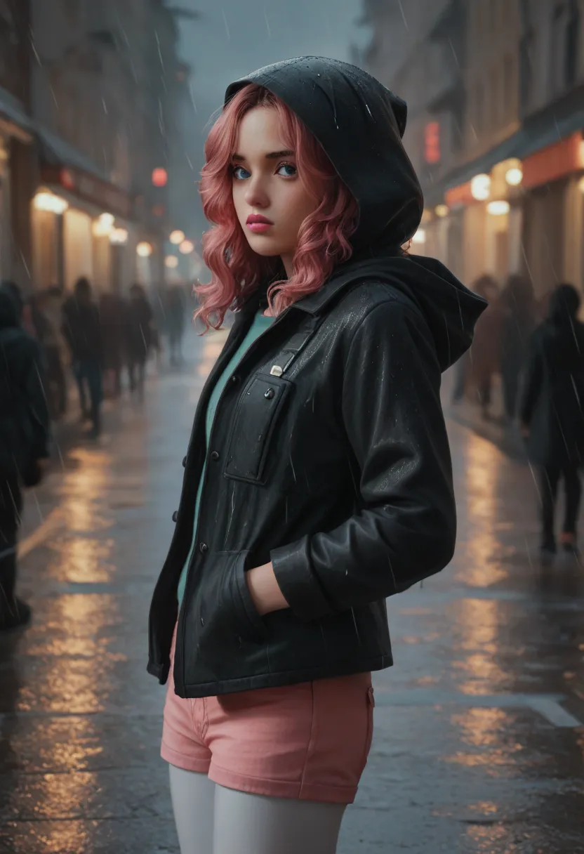  (8k, best quality, masterpiece:1.2), (anime), ultra-detailed, ,beautiful detailed blue eyes, medium wavy hair, , ,,dark pink hair, lips, pink lipstick, , cyan shirt, pink shorts, white leggings, black overcoat, walking in a rainy city, night day, hands in...