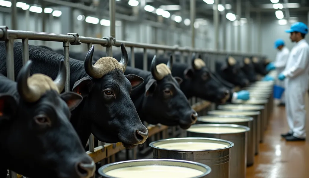 A high-angle shot capturing a large-scale buffalo dairy farm. A long row of **black water buffaloes with curved horns** are standing in a clean and modern milking facility, each positioned next to a **stainless steel bucket filled with fresh milk**. The **...