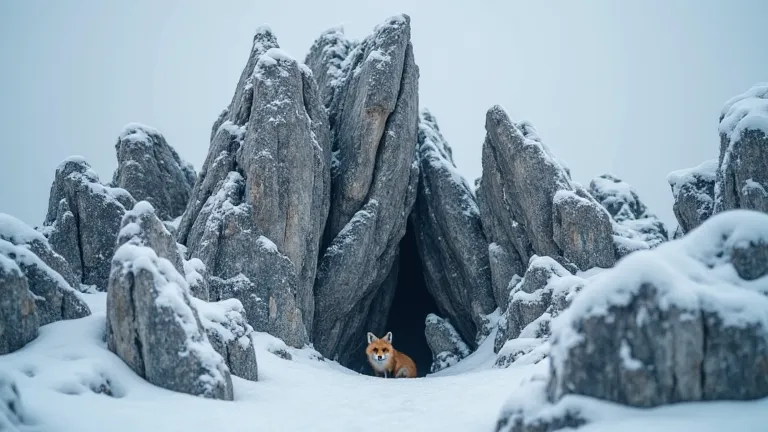 high quality, 8K Ultra HD, A cluster of jagged Arctic rocks rising from the frozen ground. Some rocks are partially covered in snow, with tiny icicles hanging from their edges. A narrow crevice between two stones looks just big enough for a fox to squeeze ...