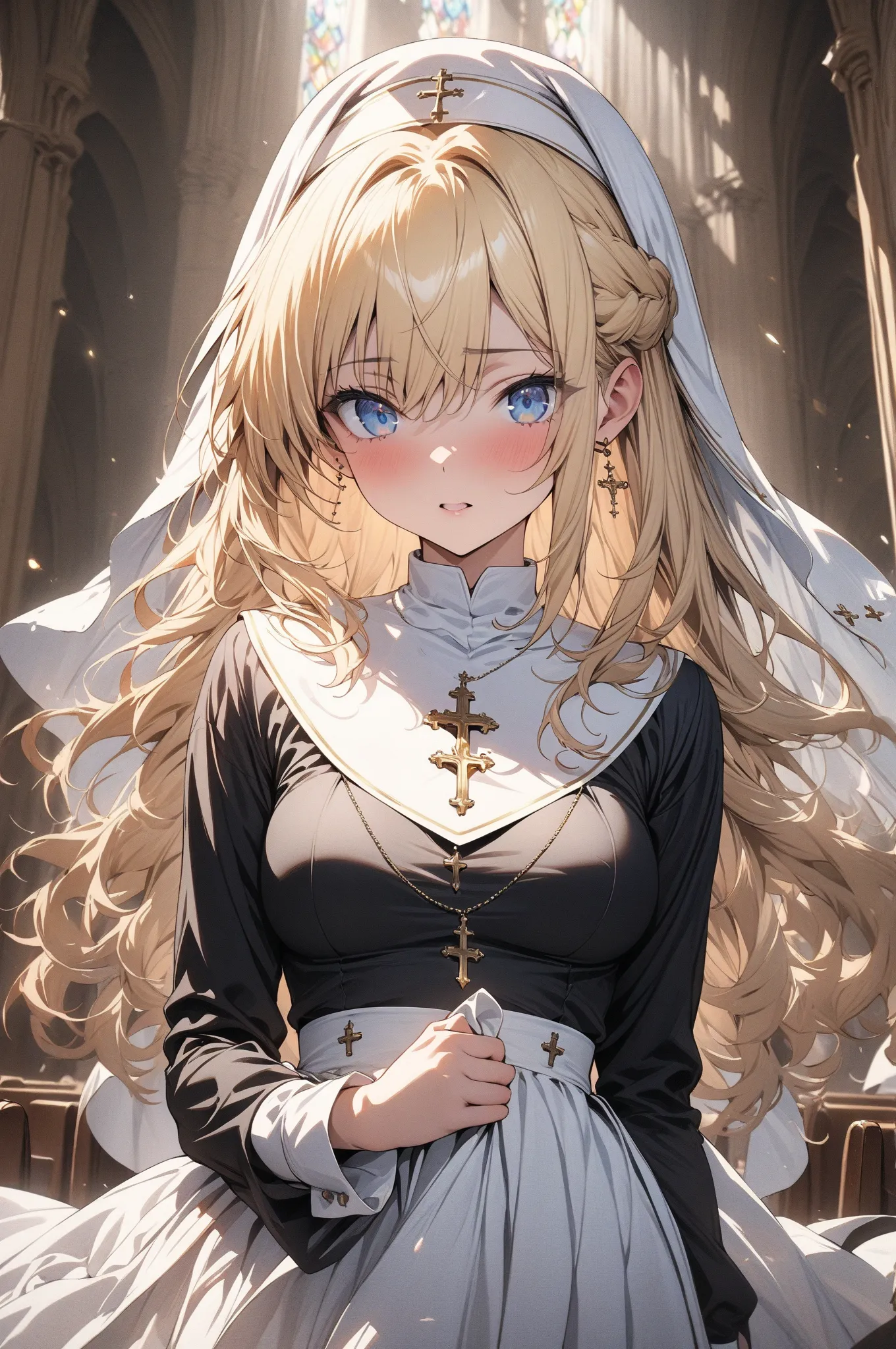 (masterpiece, detailed:1.2), One Girl, elegant, (18-years old), blonde half updo, Medium Breasts, sky blue eyes, BREAK, Highest quality, in church, nun, Fullbody shot