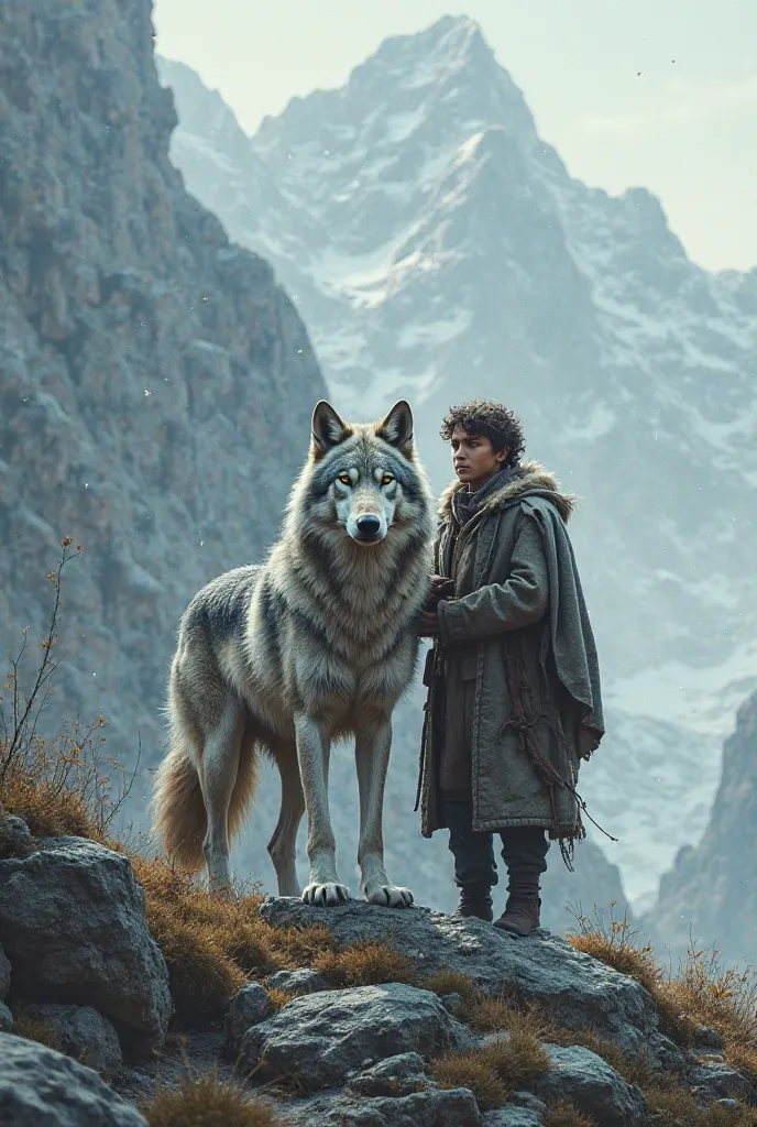 a book cover with a grey wolf and a young shepherd on it