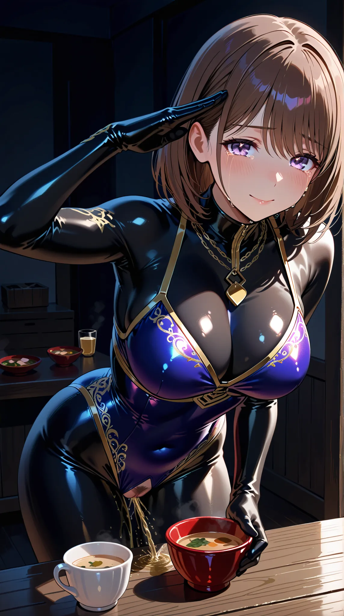 Gold City\(Uma Musume\),(( purple luminous jewelry)), underbust, chest, (二つのchest),((hollow eyes)),purple eyes, shining eyes,Serious, expressionless, (( latex skin  tight,  tight, skin black  tight,black latex  tight a glossy outfit)),In a Salute Posture,s...