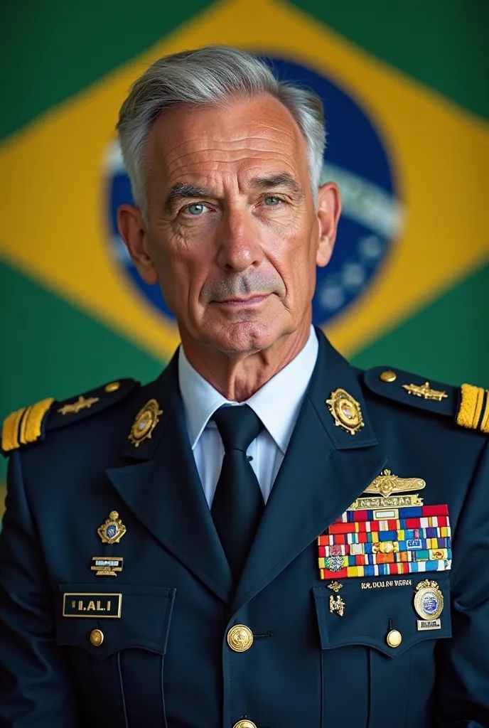 Create the image of a male federal police general with blue eyes, in uniform with the Brazilian flag in the background and the medals on his uniform.