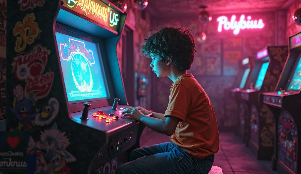 a boy from the eighties, playing a sinister arcade machine called "POLYBIUS",  in a recreational room 