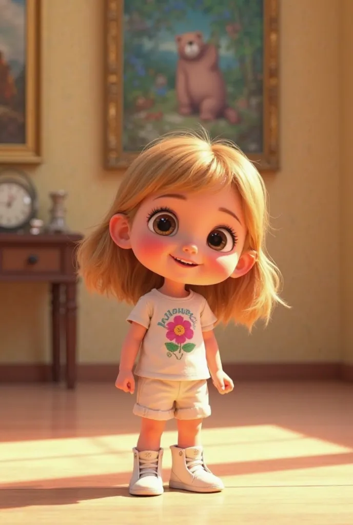 Cati, an  girl, with big pretty brown eyes, SHOULDER-LENGTH BLOND hair, white t-shirt printed with a flower and white shorts and white scout boots, She looks happy , Juan,  a  boy, with big pretty brown eyes, short blonde hair, white t-shirt printed with a...