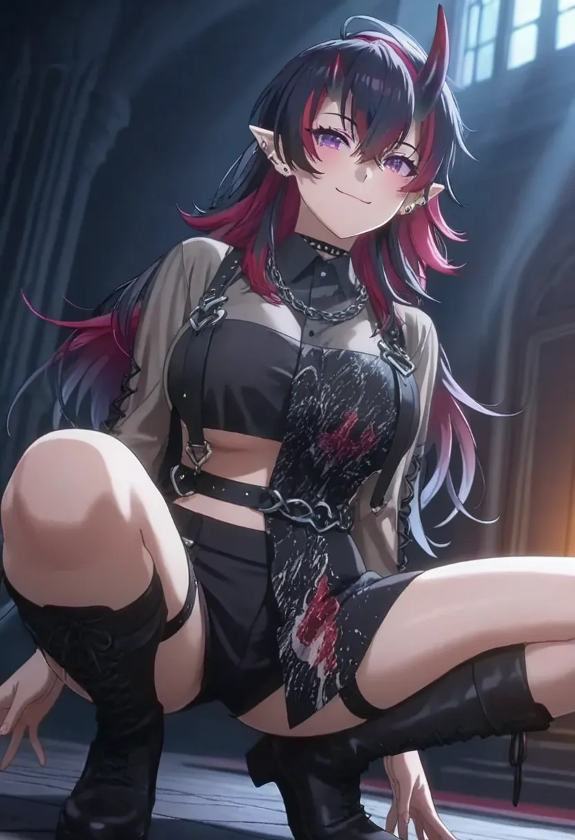 (anime screencap, masterpiece, best quality), Intricate details, indirect lighting, upper body, (close up face), looking at viewer, squatting, full body, 1girl, large breasts, smile, black hair and red hair, purple eyes, pointy ears, ear piercing