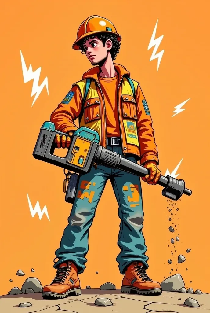 "Style: A vibrant cartoon illustration with clean lines and bright colors. Object/Subject: A tall, slender Brazilian male character with pardo skin tone, short curly hair, and a subtle goatee; wearing a standard safety uniform (reflective vest, orange cons...