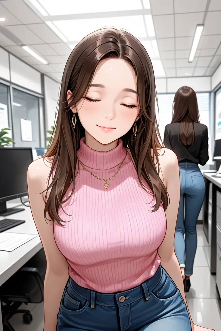 Top quality,A beautifl asian young woman,She has brown long hair,Sleeveless pink knit,jeans,closed eyes,stretchingin the office,