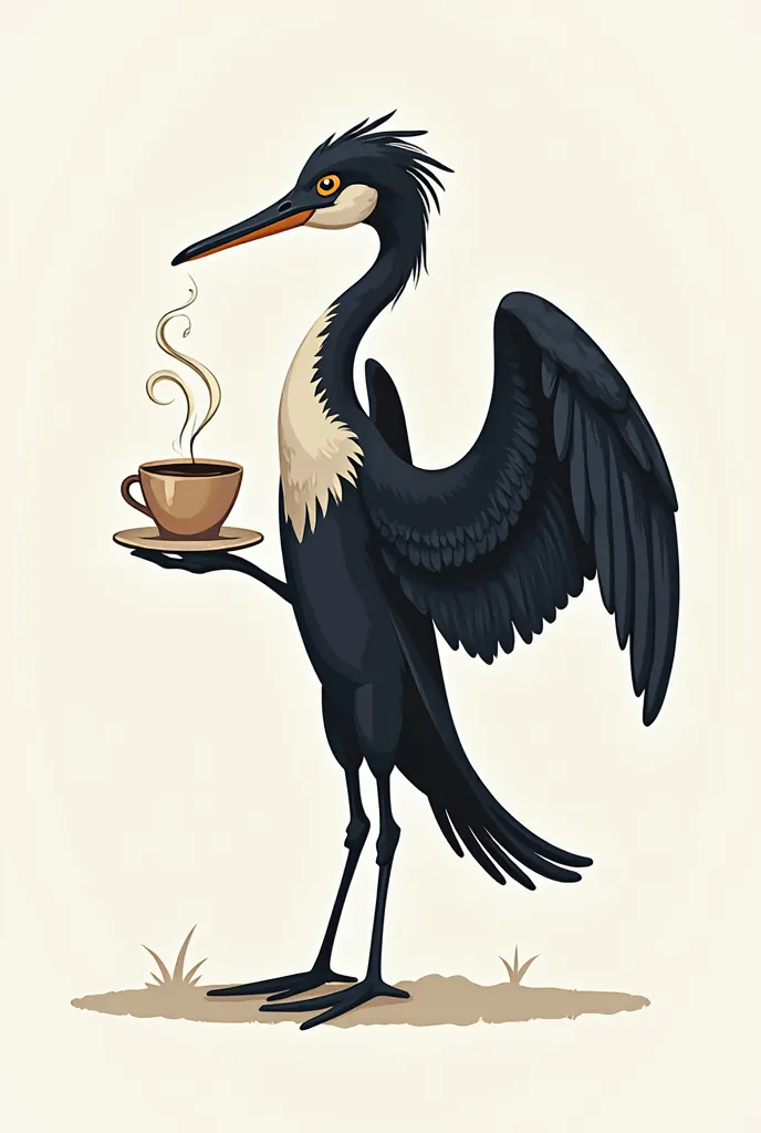 Make a logo with a Commorant with a cup of coffee that holds it on its legs. The Commorant with its wings spread. 