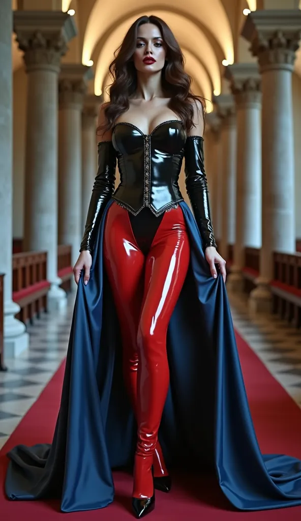 angelina jolie, latex,  en action de prier à genoux par terre, nonne latex brilliant, long robe de nonne en latex bleu marine et rouge marron, cornette latex noir latex et marron rouge latex, corset latex marron rouge, stilettos vinyl rouge sang, levres bo...