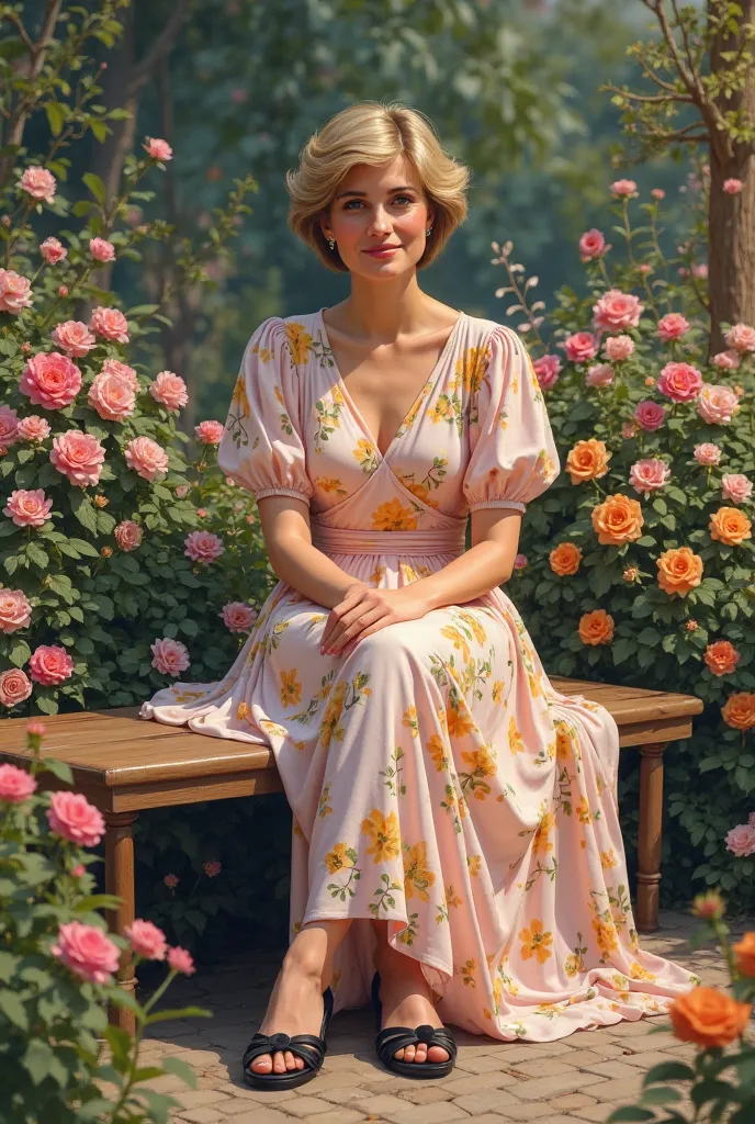 Lady Diana(princes of walls)wearing a light pink yellow flower motif long dress and hight black sandals,sitting casually on a wooden bench.flower garden background.high realistic and clear background