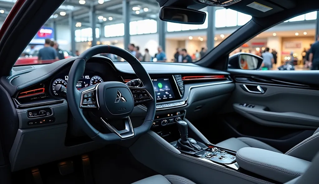 "Highly detailed and realistic interior of (2025 Mitsubishi)  a modern car, showcasing a luxurious dashboard with digital displays, front view a sleek steering wheel featuring a t (Mitsubishi), high-tech controls, and a premium finish. The environment is w...