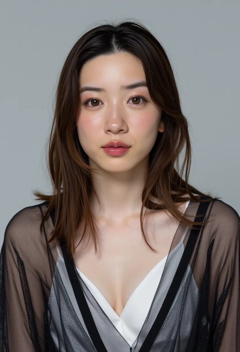 The image is a photograph of a young Asian woman, Mei with straight, shoulder-length brown hair that appears slightly damp, suggesting she might have just showered or applied a moisturizing product. She has a slim figure and snow-white skin. she has delica...