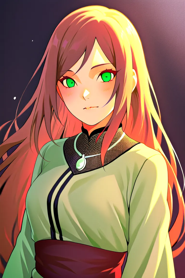 a Naruto-inspired anime style Digital artwork, Naruto-inspired anime style, depicting a woman with long brown hair, fair skin, and vivid green eyes.  She wears a dark and light green outfit, a silver necklace. Rich burgundy and deep blue tones, black silho...