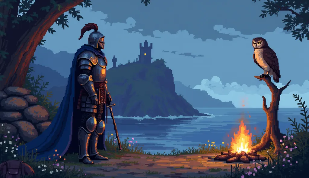 A detailed pixel art scene inspired by classic dark fantasy RPGs, evoking calm and nostalgia. A medieval knight in weathered plate armor stands vigilant on the left, his closed helmet with a faded plume and a runed broadsword at his side, a tattered blue c...