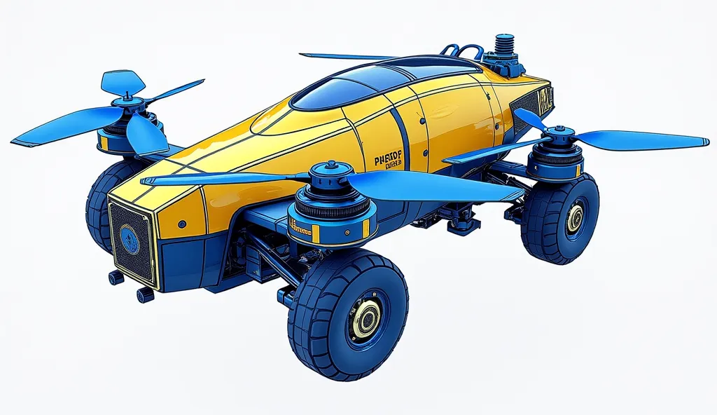 "blue blueprint design" of a futuristic perfect yellow and black robotic small drone. the blueprint background is white. the blurpeint displays two sides of the drone. it describes in details the different parts of the drone. it is equiped with double laze...