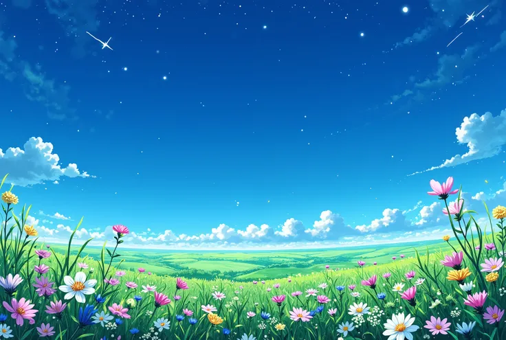 grainy, extremely detailed masterpiece, high-quality depiction of clear blue sky with some faint stars twinkly, shooting stars, flower field on the ground