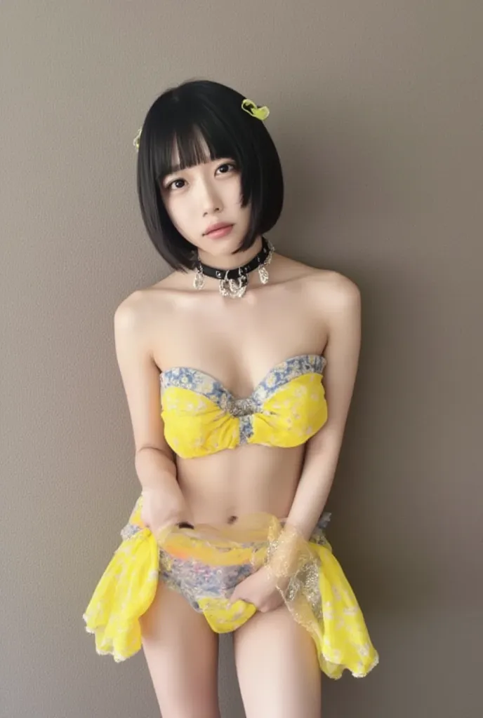 open your mouth, textured skin,  G cup, big breasts, yellow bikini, 8K image, body like a top model, taken in bed, Ano-chan high resolution, Black Collar Masterpiece, 最 high quality,16k,8k, beautiful,Get used to it, Exquisite high leg,extremely Get used to...