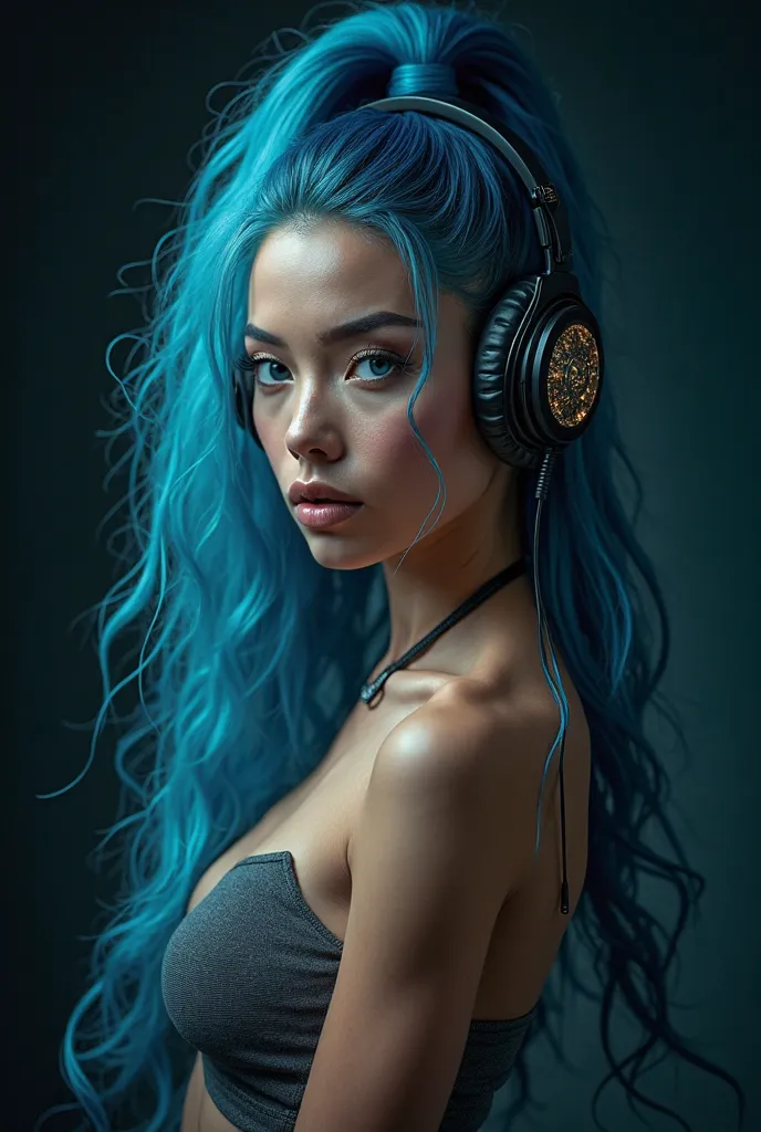 A hyper-realistic cinematic portrait of Hygeia, a stunning and athletic woman, with deep blue hair tied in a tall ponytail, penetrating blue eyes and flawless, radiant skin. She wears sophisticated and modern headphones, conveying an air of technology and ...