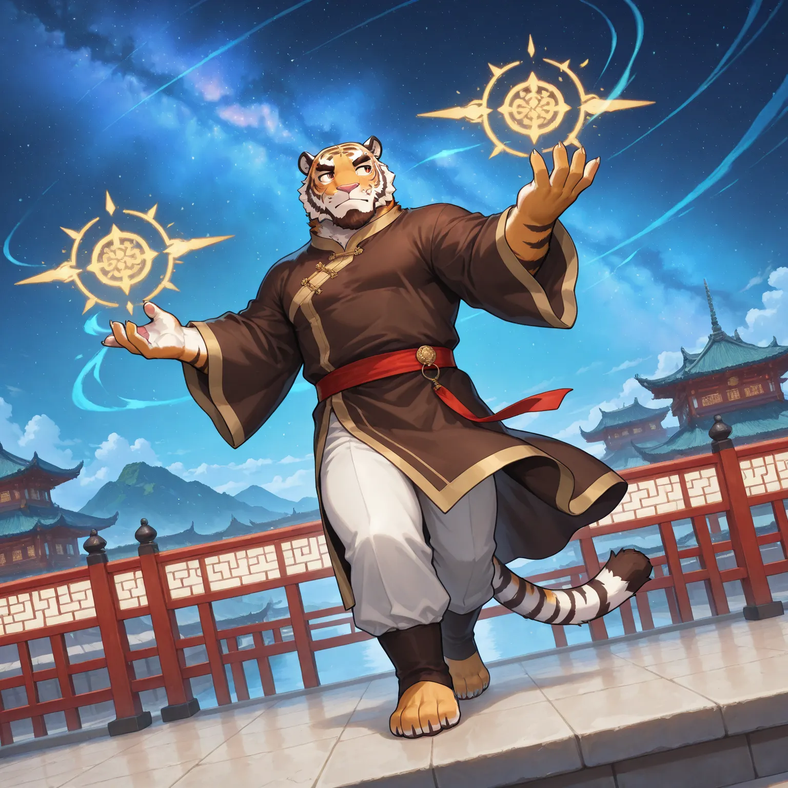 character focus, full body, looking away, dynamic angle, wuxia, daoist, a middle-aged white tiger boy, chinese costume clothes, oriental robe, shirt, pants, standing, drawing a circle in the air with a finger, casting magic, dynamic pose, BREAK full body i...