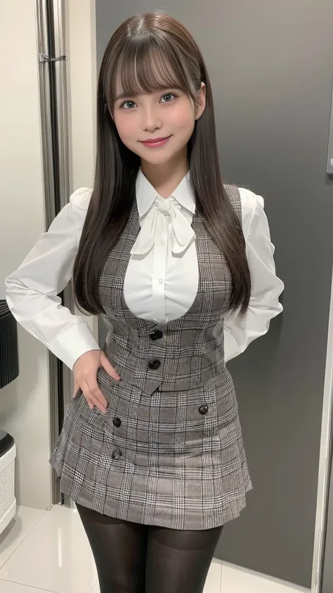 (( OL)), (((  gray plaid vest,   black skirt, black tights)))、((( long brown hair:1.2, bangs:1.2)))、(((standing))),  (((Round face,  thin legs)))、(((grinning face, disrespectful eyes :1.3)))、   Japanese 、(((Big Cheeks:1.3)))、((  cute face))、(((  Japanese ジ...