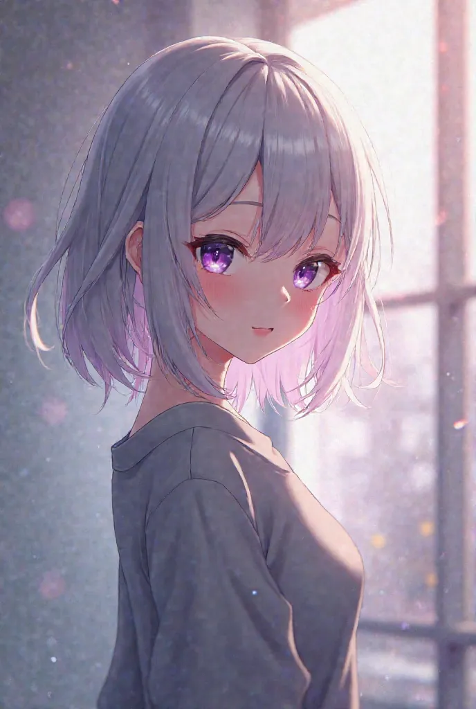 Koseki Bijou, bijou, looking at viewer, silver hair, purple eyes, 1girl, extremely_beautiful_detailed_anime_face, studio lighting, backlighting, depth of field, chromatic aberration, dynamic pose, good girl, (is wearing grey sweater:1.5), ultra-high detail...