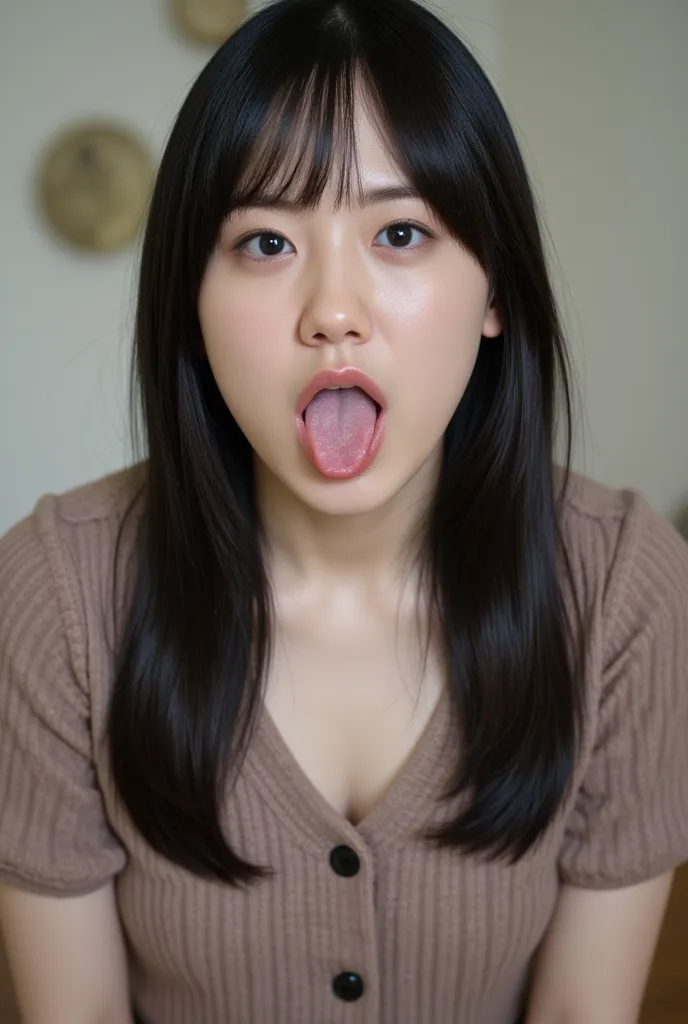 girls,    black hair,  Long Hair ,  open your mouth  wide and stick your tongue out, Accurate eye expressions, Correct tongue expression, sticking out her tongue, Accurate facial expression, masterpiece,  Ultra High Resolution , very well detailed, details...