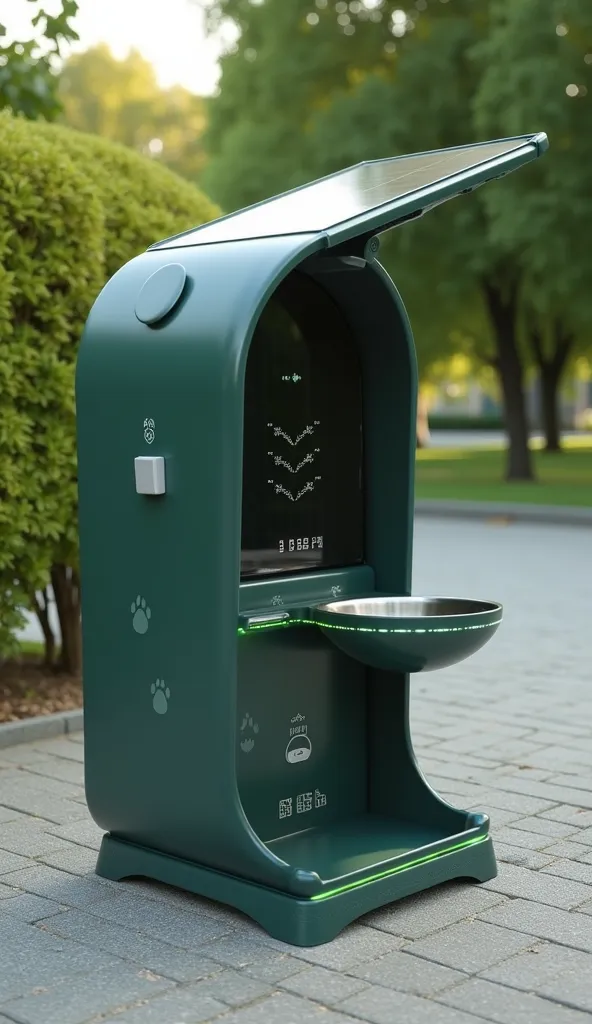 A futuristic and eco-friendly outdoor cat feeding station with a stylish and modern aesthetic. The machine has a curved, cylindrical body made from durable, matte-finish materials in shades of dark green or gray to blend with nature. There is a slanted sol...